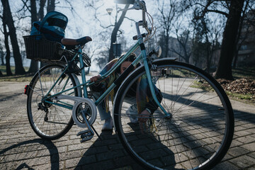 A focused view of a person securing their vintage bike with a chain and lock, park setting with sunbeam backdrop.