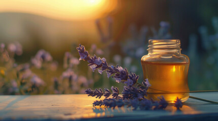 A jar of essential oils and a sprig of lavender representing the use of aromatherapy in holistic...
