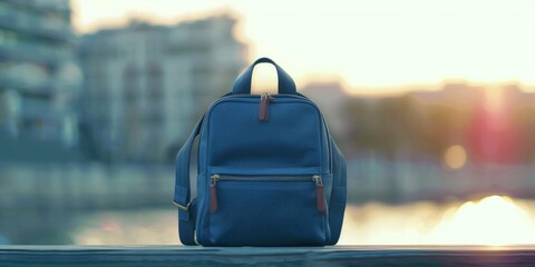 Classic navy blue backpack overlooking a serene waterfront at dusk, stylish and functional. - obrazy, fototapety, plakaty