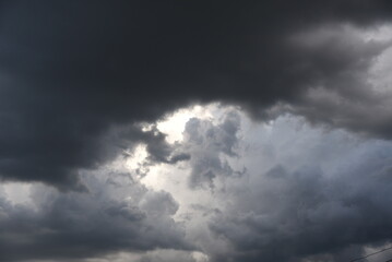 Dramatic dark storm thundercloud rain clouds on black sky background. Dark thunderstorm clouds rainny landscape. Meteorology danger windstorm disaster climate. Dark cloudscape storm disaster gray sky