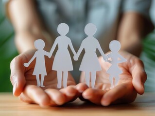 Fototapeta na wymiar hands holding paper family cutout. Generated- AI