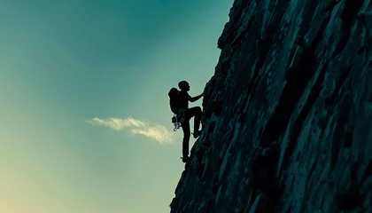 Küchenrückwand glas motiv the silhouette of a climber climbing a steep mountain, symbolizes the process and hard work in achieving the target. © AhmadTriwahyuutomo