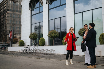 Obraz premium Young entrepreneurs in an outdoor setting engaged in conversation about market trends, growth, and statistics, showcasing teamwork and partnership.