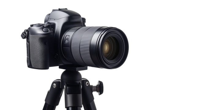 modern digital camera on tripod stand professional photography concept, camera isolated on transparent background