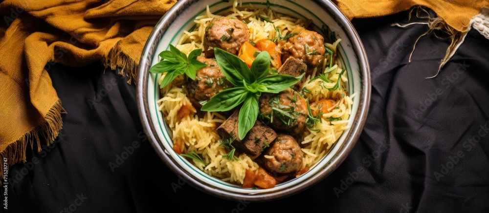 Sticker a comforting dish made with meatballs, noodles, and savory sauce in a cookware on a table. an easy r