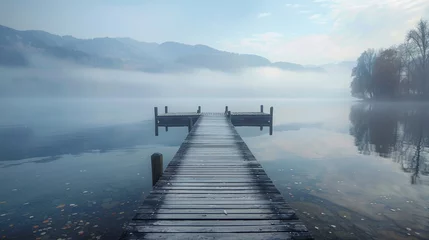 Rolgordijnen A foggy lake with a wooden pier and a dock © photobyphotoboy