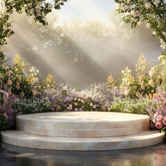 A beautiful garden with a stone pedestal in the center