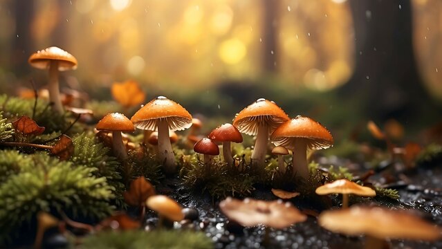 Mushrooms growing on forest floor in wet moss and fallen leaves, under rain drops and autumnal sun