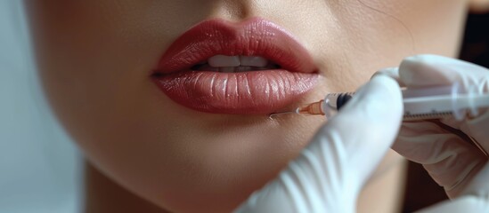 Close-up of a woman receiving a cosmetic lip injection, exemplifying aesthetic beauty treatments.