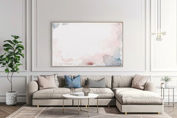Canvas mockup in modern interior, blank white frame on the wall of living room. A illustration created with generative AI Technology.