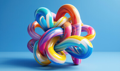 the colorful swirling cord, 3d rendered on blue background, rounded forms, sculptural installation, pastel academia, unconventional poses, intertwined networks, bold color blobs