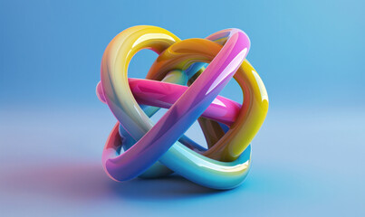 the colorful swirling cord, 3d rendered on blue background, rounded forms, sculptural installation, pastel academia, unconventional poses, intertwined networks, bold color blobs