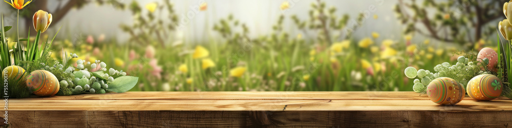 Aufkleber a wooden product display top with an easter background of painted eggs and green grass and meadows.