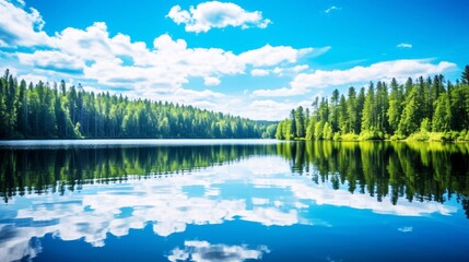 夏の湖の風景、水面に反射する美しい森林 - obrazy, fototapety, plakaty