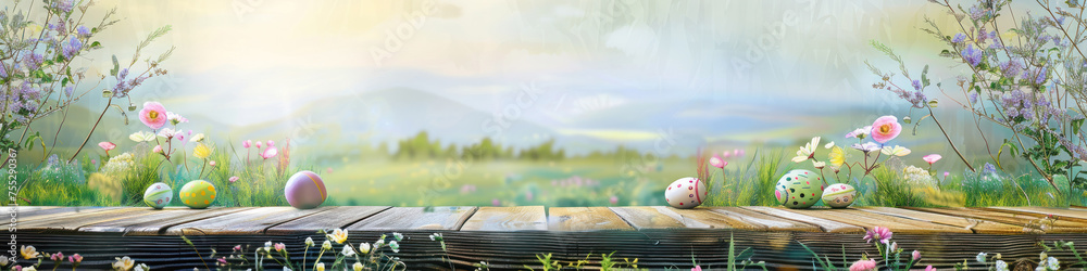Aufkleber a wooden product display top with an easter background of painted eggs and green grass and meadows.