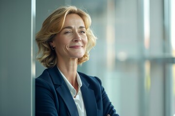 Happy business women wearing suit standing in office