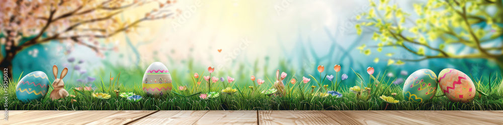 Aufkleber a wooden product display top with an easter background of painted eggs, rabbit and green grass and m