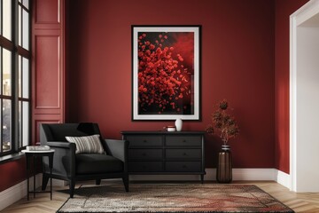 Dark red living room interior with a black armchair and a framed vertical poster hanging above a set of drawers. 3d rendering mock up