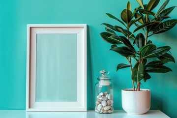 Decorate a modern environment with a picture frame mockup. White shelf with candle and rocks in a bottle against pastel turquoise wall. Hand-watering a potted schefflera