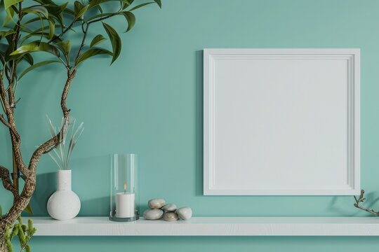 Decorate a modern environment with a picture frame mockup. White shelf with candle and rocks in a bottle against pastel turquoise wall. Hand-watering a potted schefflera