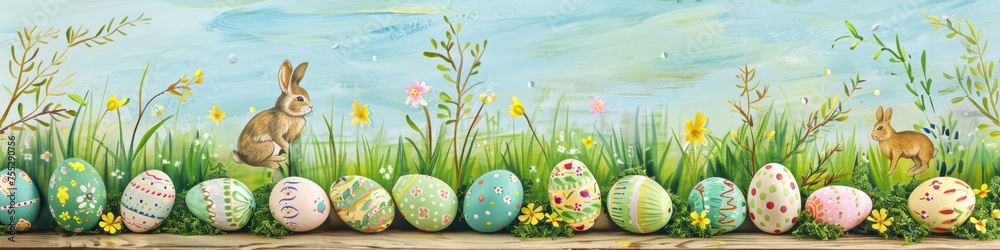 Aufkleber a wooden product display top with an easter background of painted eggs, rabbit and green grass and m
