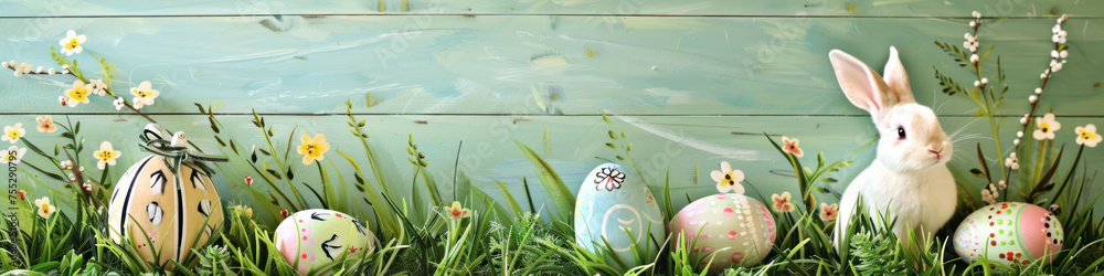Aufkleber a wooden product display top with an easter background of painted eggs, rabbit and green grass and m