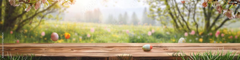 Aufkleber a wooden product display top with an easter background of painted eggs and green grass and meadows.