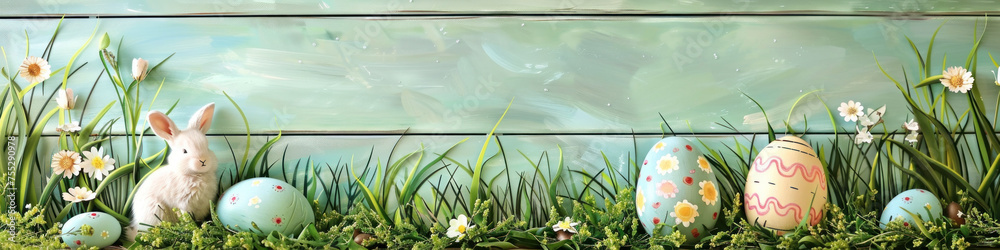 Aufkleber a wooden product display top with an easter background of painted eggs, rabbit and green grass and m