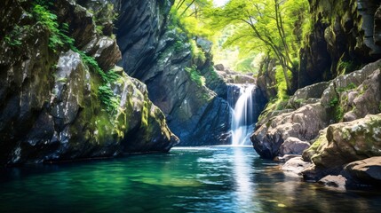 森の川の滝、涼しげでさわかな自然の風景