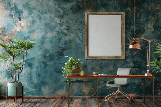 Empty wooden picture frame mockup on wall. Working space, home office. Modern interior.