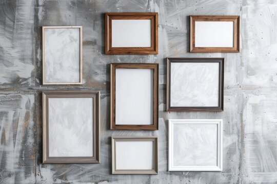 Empty wooden picture frame mockup on wall. Working space, home office. Modern interior.