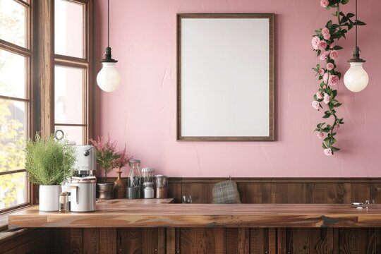 Empty wooden picture frame mockup hanging on pastel wall in a cafe or kitchen with wooden counter top. Working space, home office. Modern interior.