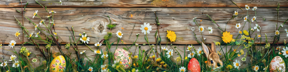 Aufkleber a wooden product display top with an easter background of painted eggs, rabbit and green grass and m