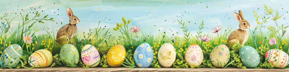 Aufkleber a wooden product display top with an easter background of painted eggs, rabbit and green grass and m