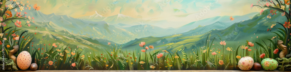 Aufkleber a wooden product display top with an easter background of painted eggs and green grass and meadows.