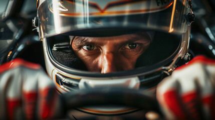 a race car driver is concentrating in a racing car, with the cockpit lights highlighting his serious face, Ai Generated Images