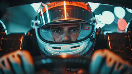 Fototapeta premium a race car driver is concentrating in a racing car, with the cockpit lights highlighting his serious face, Ai Generated Images