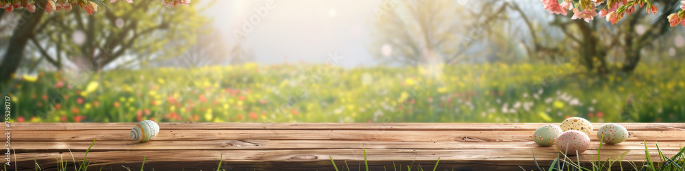 Aufkleber a wooden product display top with an easter background of painted eggs and green grass and meadows.