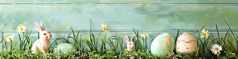 Aufkleber a wooden product display top with an easter background of painted eggs, rabbit and green grass and m