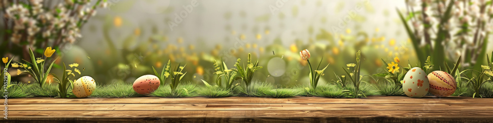Aufkleber a wooden product display top with an easter background of painted eggs and green grass and meadows.