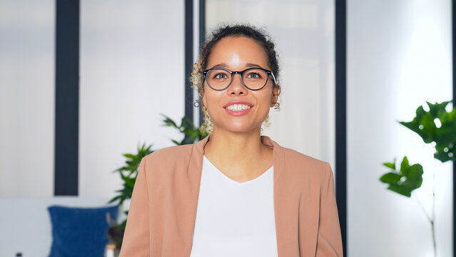 black woman talking to camera. Video calling. Online meeting.