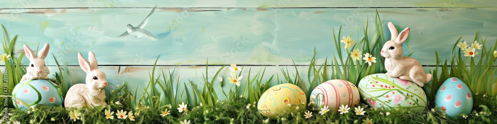 Aufkleber a wooden product display top with an easter background of painted eggs, rabbit and green grass and m