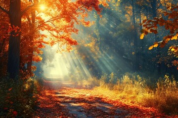 Fototapeta na wymiar Autumn forest with sun rays.