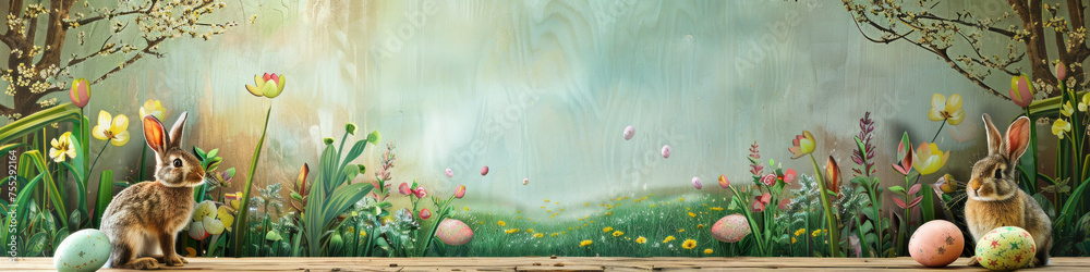Aufkleber a wooden product display top with an easter background of painted eggs, rabbit and green grass and m