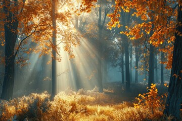 Beautiful morning in the misty autumn forest with sun rays .