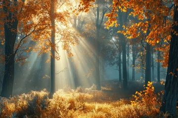 Photo sur Aluminium Matin avec brouillard Beautiful morning in the misty autumn forest with sun rays .