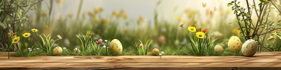 A wooden product display top with an Easter background of painted eggs and green grass and meadows.