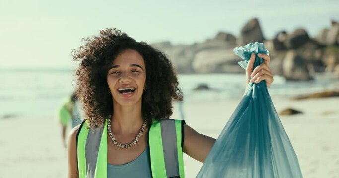 Portrait, beach and woman with a trash bag, climate change or plastic collection with environment or earth day. Face, people or seaside with girl or volunteer with sustainability, cleaning or ecology