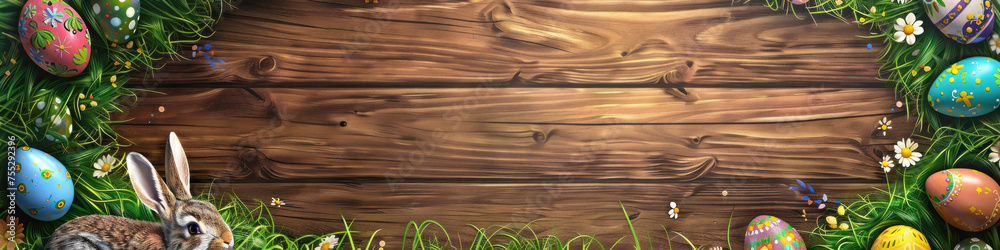 Aufkleber a wooden product display top with an easter background of painted eggs, rabbit and green grass and m