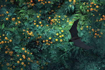 Obraz na płótnie Canvas close view of a bat flying over a lush green forest filled with yellow flowers